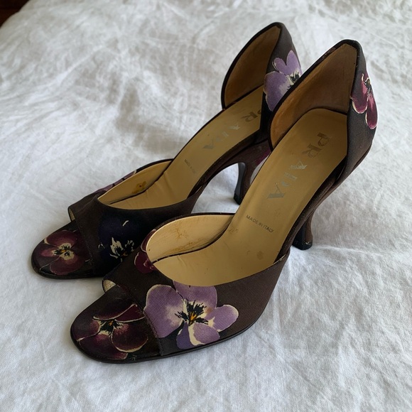 Vintage Prada Poppy Floral Peep Toe Heels Shoes Brown Purple - Picture 1 of 7